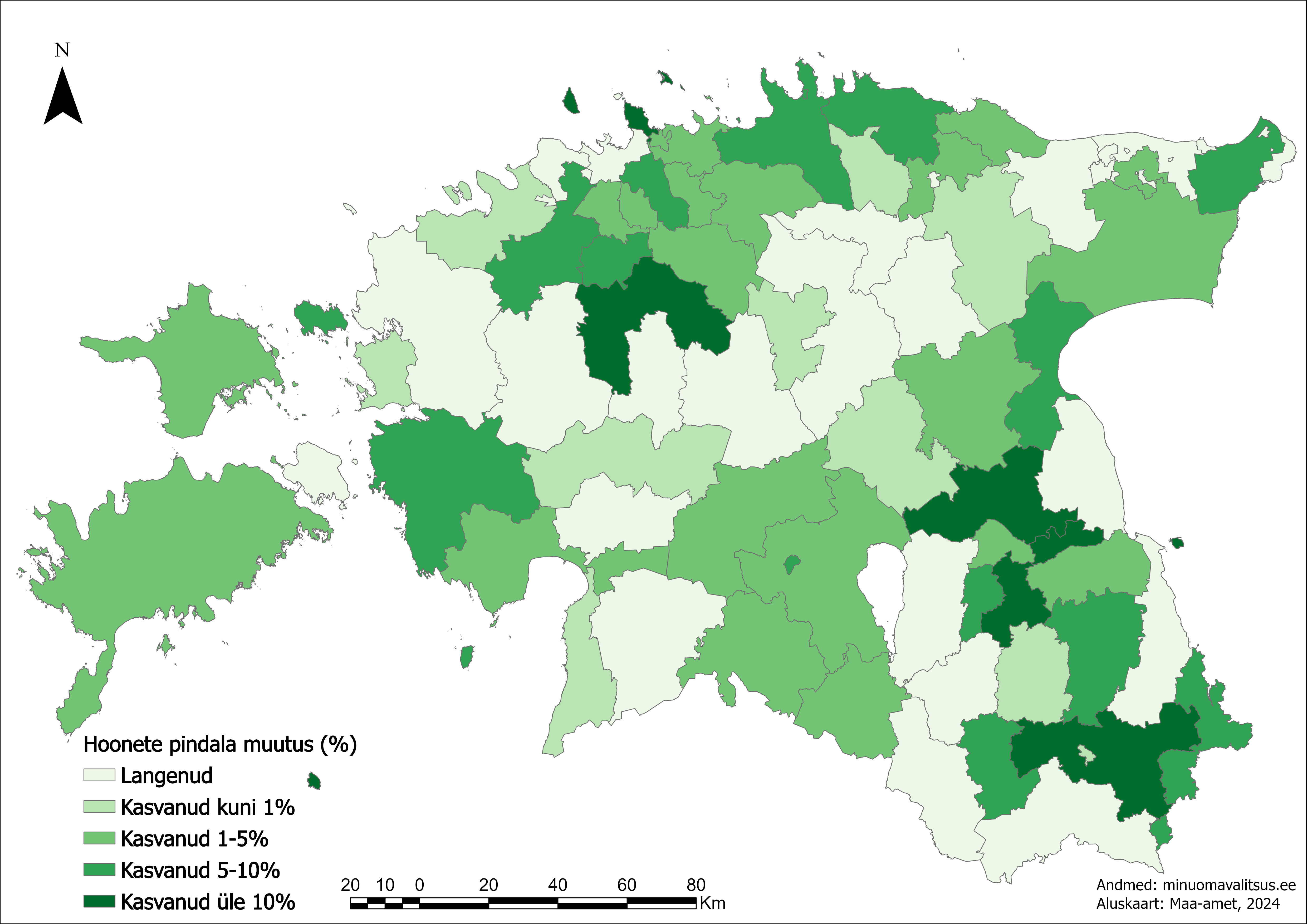 pindala muutus Eesti kaardil omavalitsuste kaupa